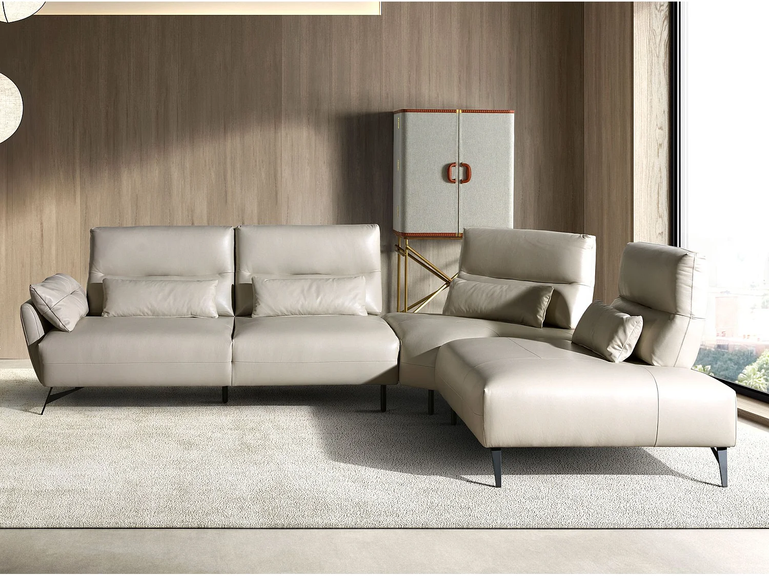 Canapé d'angle 5 places en cuir capitonné beige ANGEL