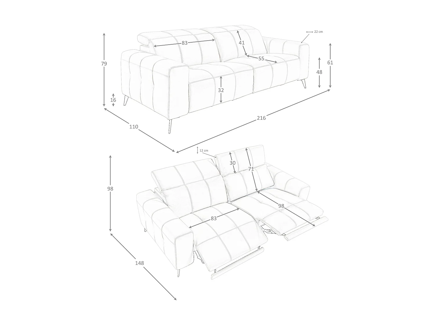 Sofá de relaxamento de 3 lugares em pele cinzenta 6210 ANGEL CERDA
