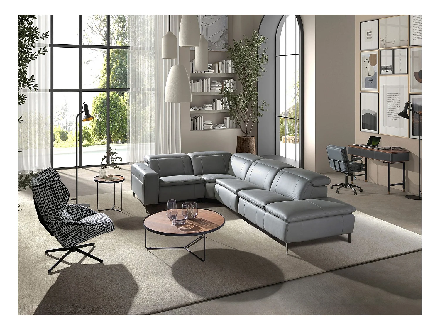 Sofa relaksacyjna z prawym szezlongiem w szarej skórze 6217 ANGEL CERDA