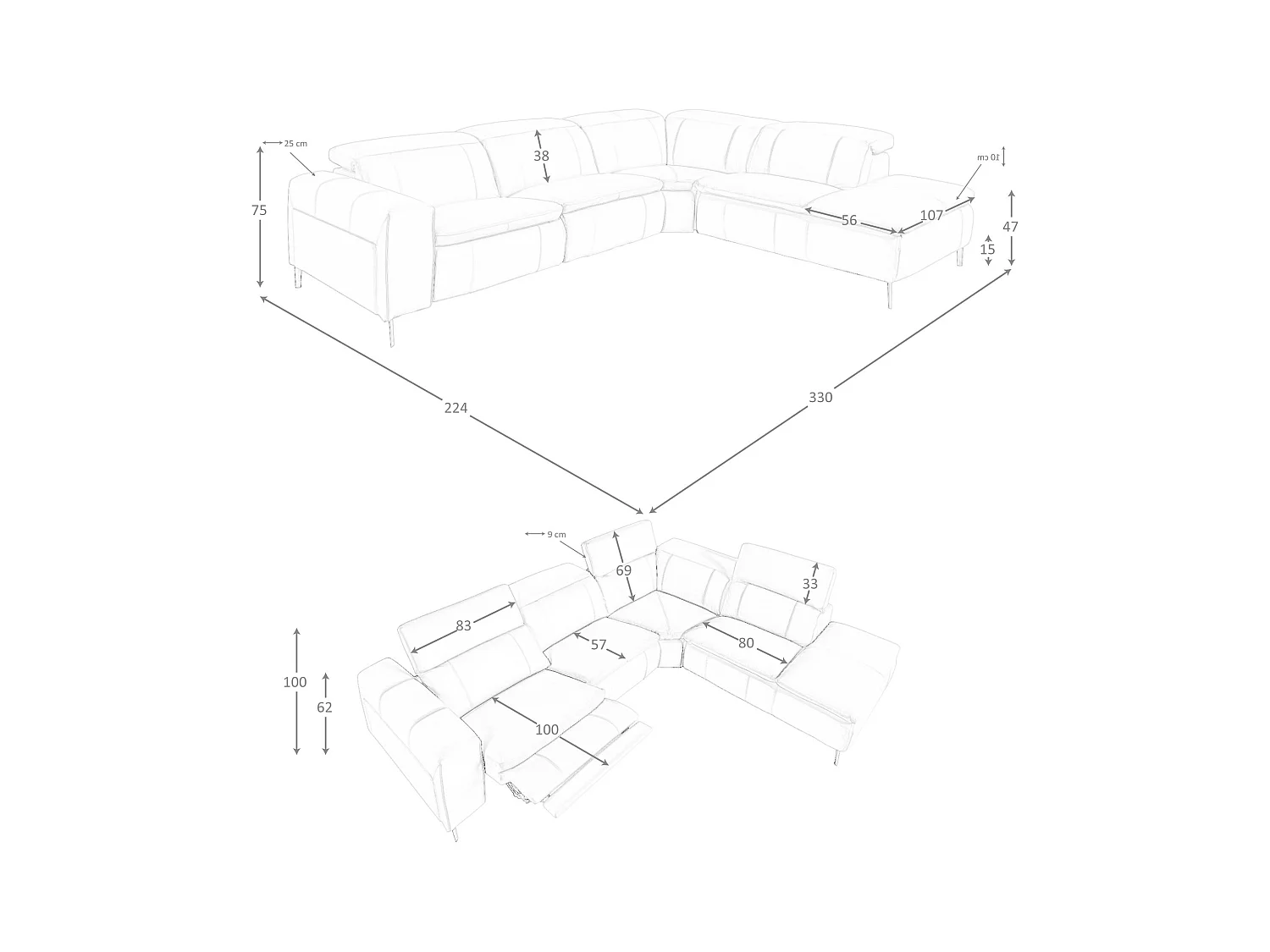 Sofa relaksacyjna z prawym szezlongiem w szarej skórze 6217 ANGEL CERDA