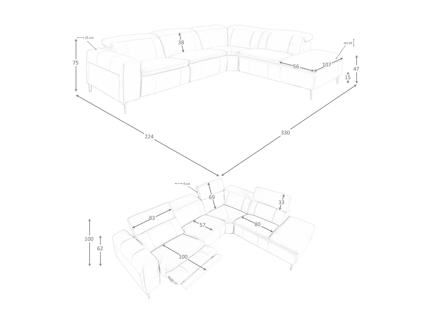 Canapé d'angle relax droite en cuir gris 6217 ANGEL CERDA