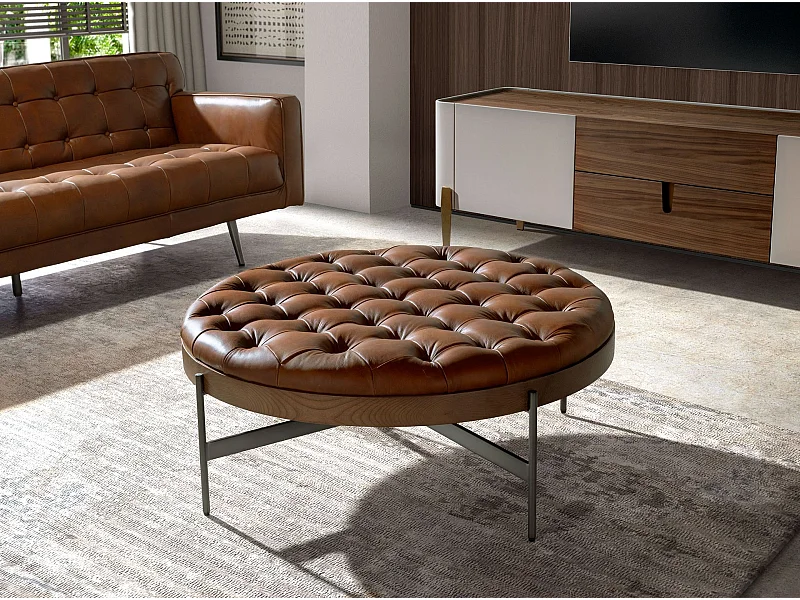 Table basse ronde en cuir brun foncé, noyer et acier foncé 2147 ANGEL CERDA