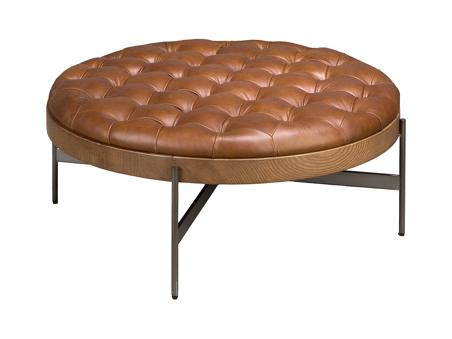 Table basse ronde en cuir brun foncé, noyer et acier foncé 2147 ANGEL CERDA