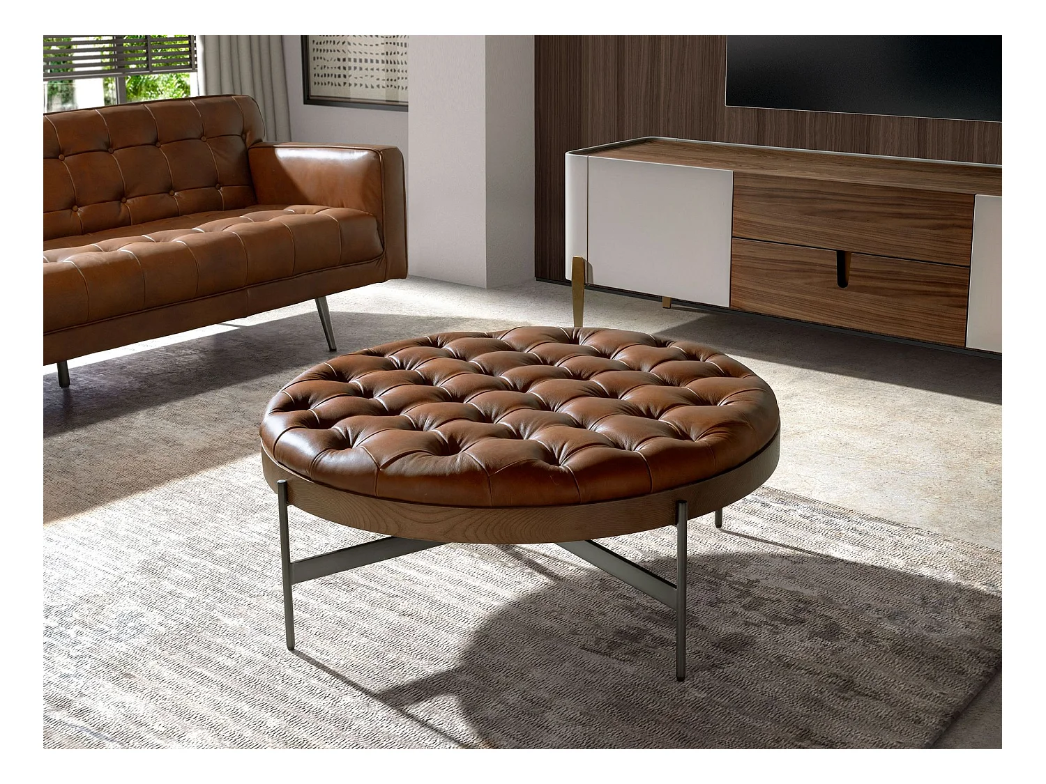 Table basse ronde en cuir brun foncé, noyer et acier foncé 2147 ANGEL CERDA