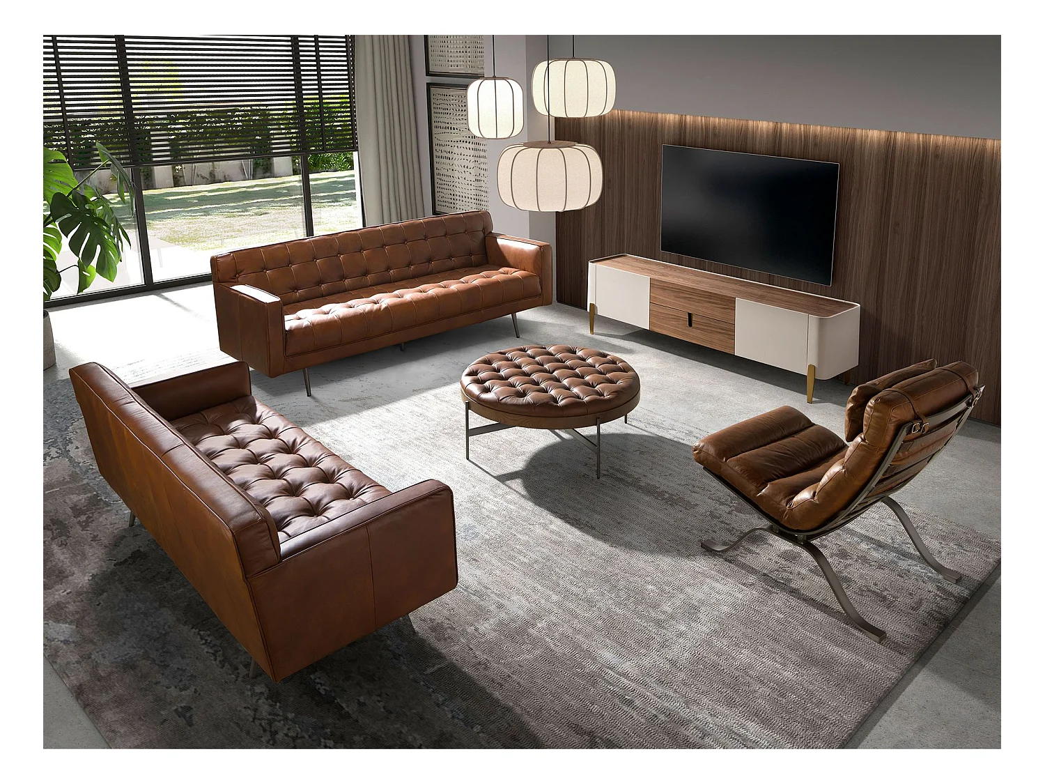 Table basse ronde en cuir brun foncé, noyer et acier foncé 2147 ANGEL CERDA