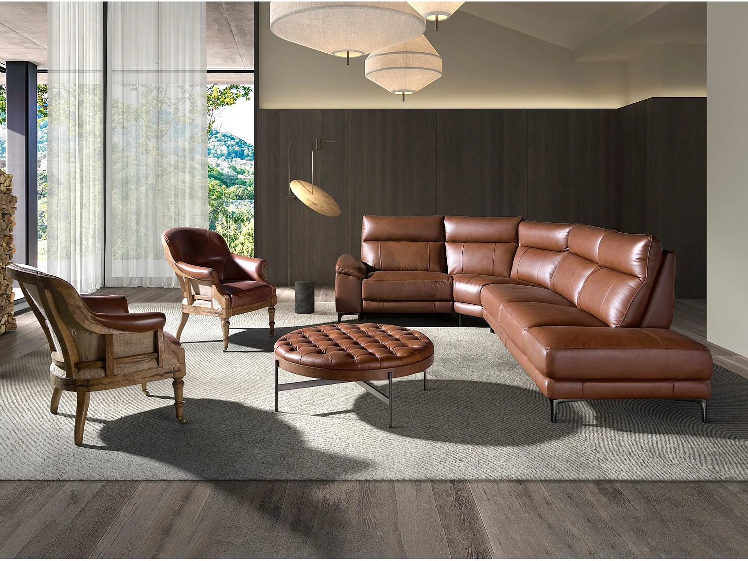 Table basse ronde en cuir brun foncé, noyer et acier foncé 2147 ANGEL CERDA