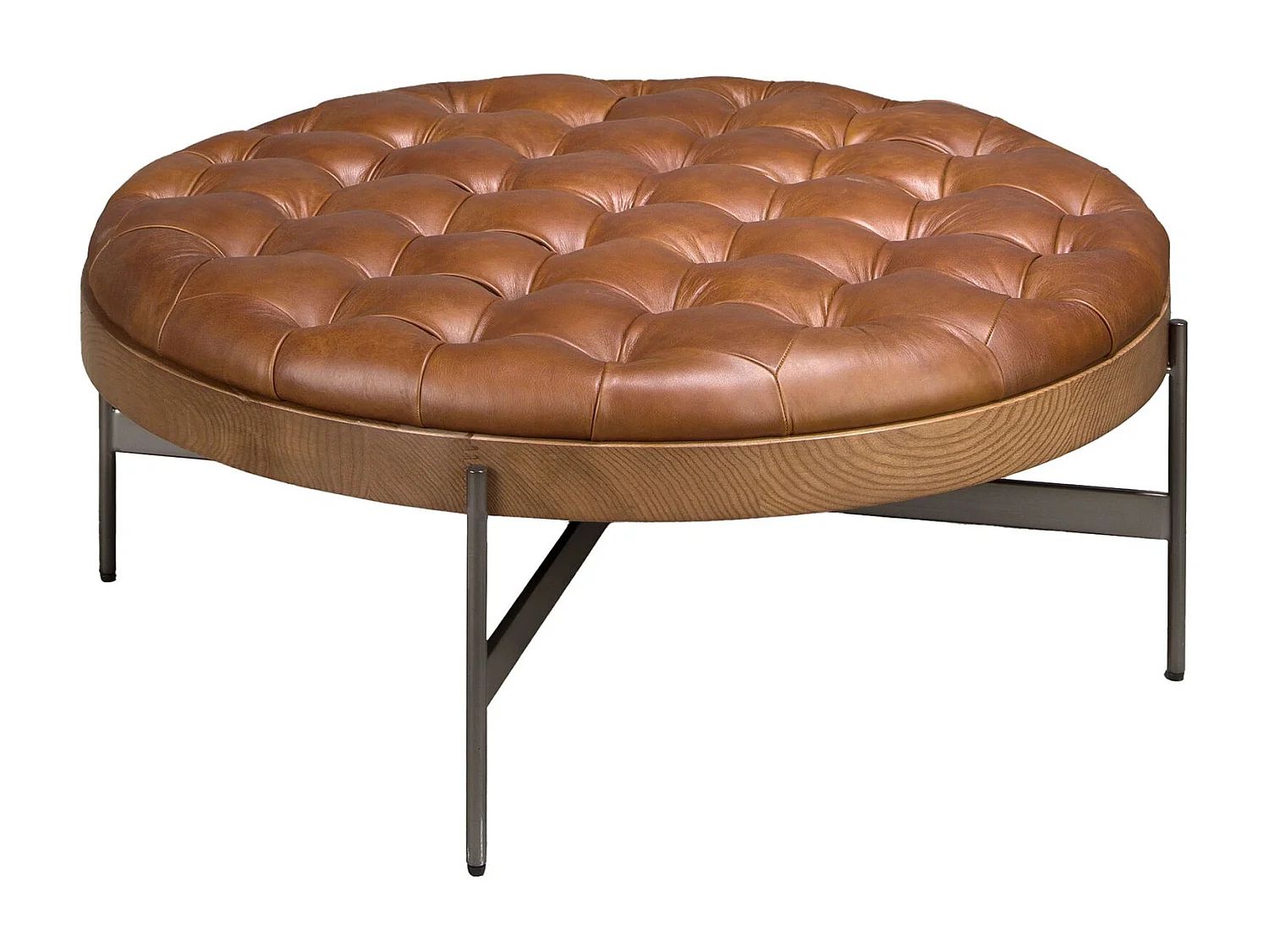 Table basse ronde en cuir brun foncé, noyer et acier foncé 2147 ANGEL CERDA