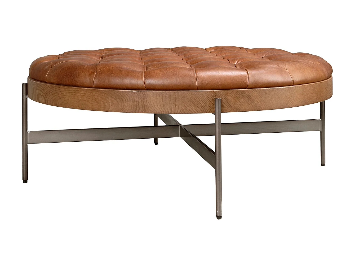 Table basse ronde en cuir brun foncé, noyer et acier foncé 2147 ANGEL CERDA