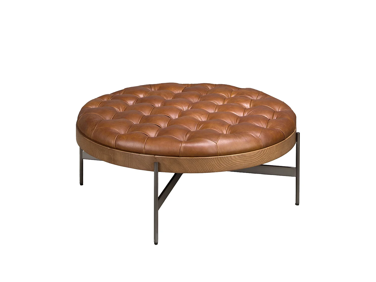 Table basse ronde en cuir brun foncé, noyer et acier foncé 2147 ANGEL CERDA