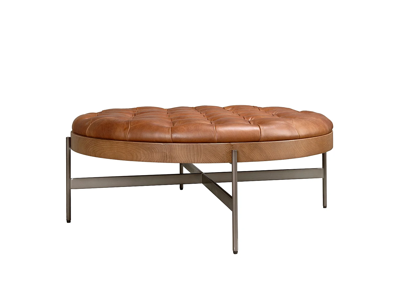 Table basse ronde en cuir brun foncé, noyer et acier foncé 2147 ANGEL CERDA