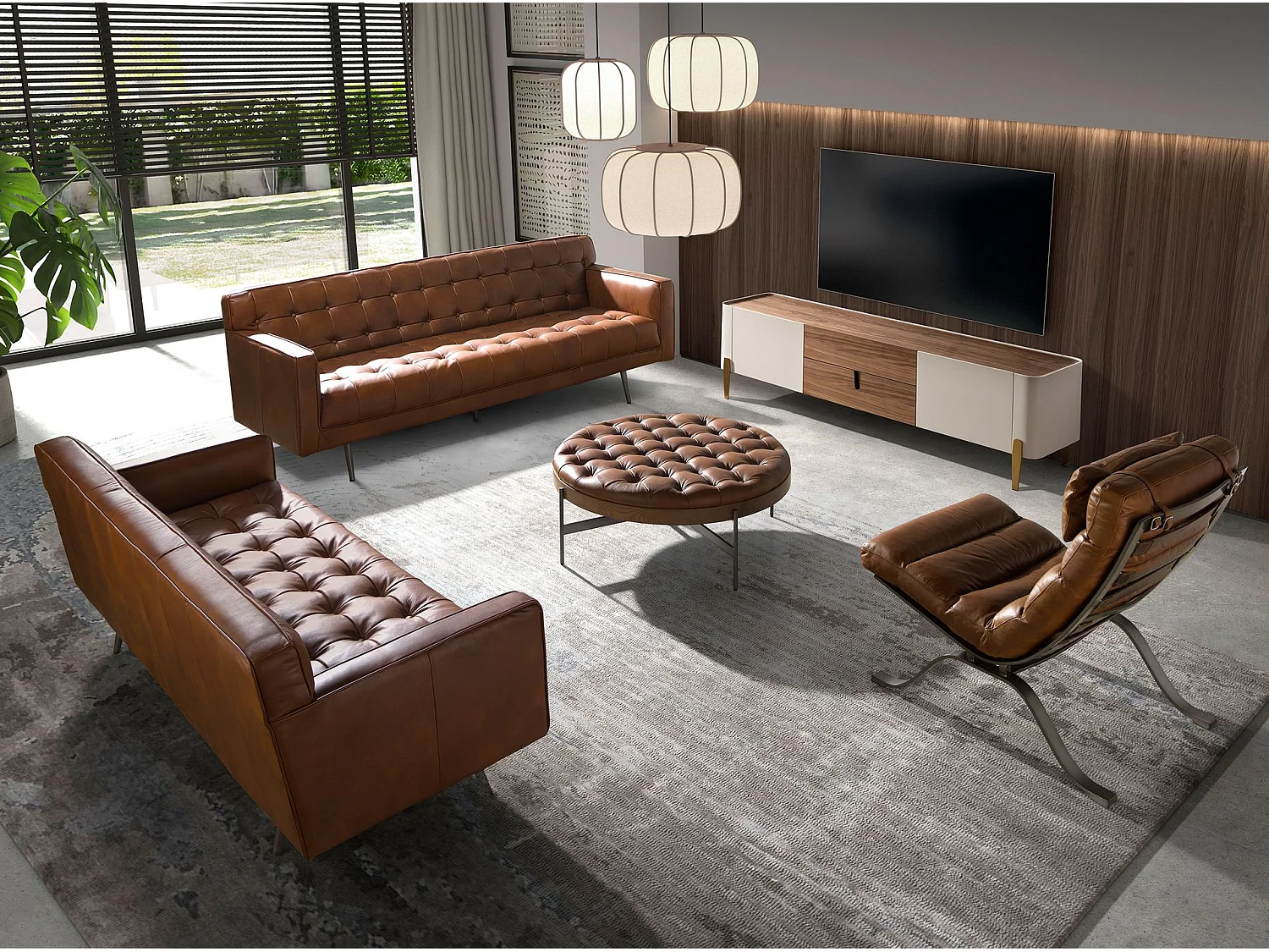 Table basse ronde en cuir brun foncé, noyer et acier foncé 2147 ANGEL CERDA