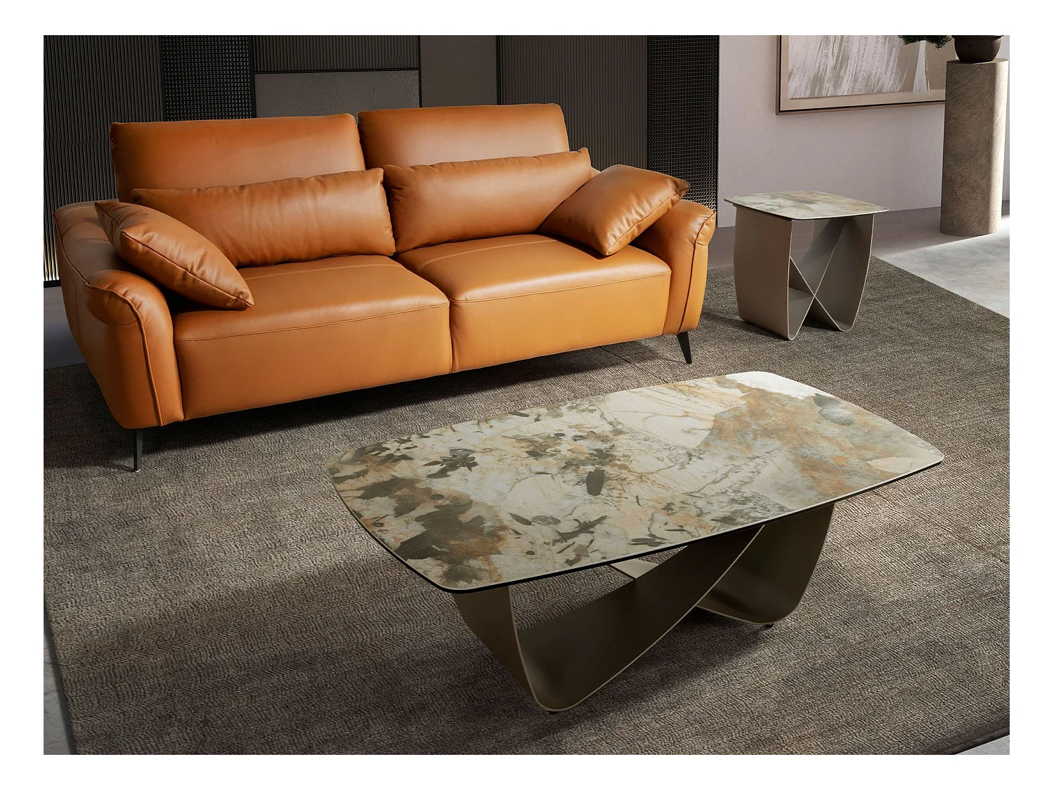 Table basse ovale en marbre porcelaine et acier métallique taupe 2144 ANGEL CERDA