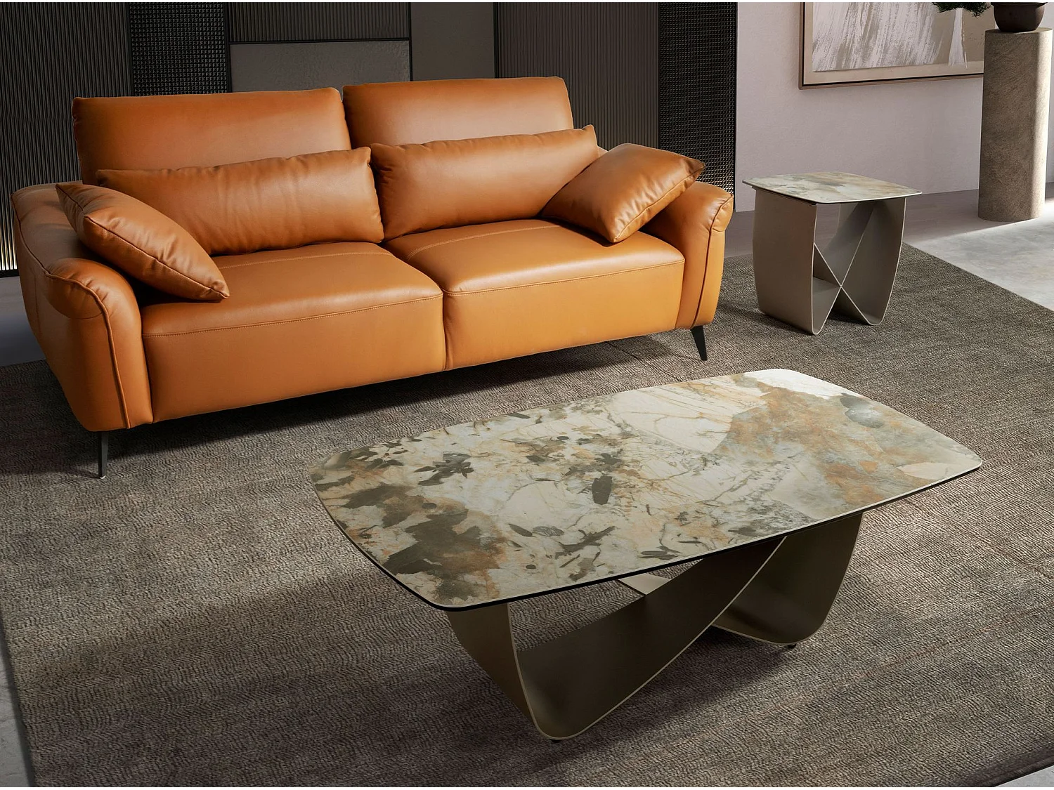 Table basse ovale en marbre porcelaine et acier métallique taupe 2144 ANGEL CERDA