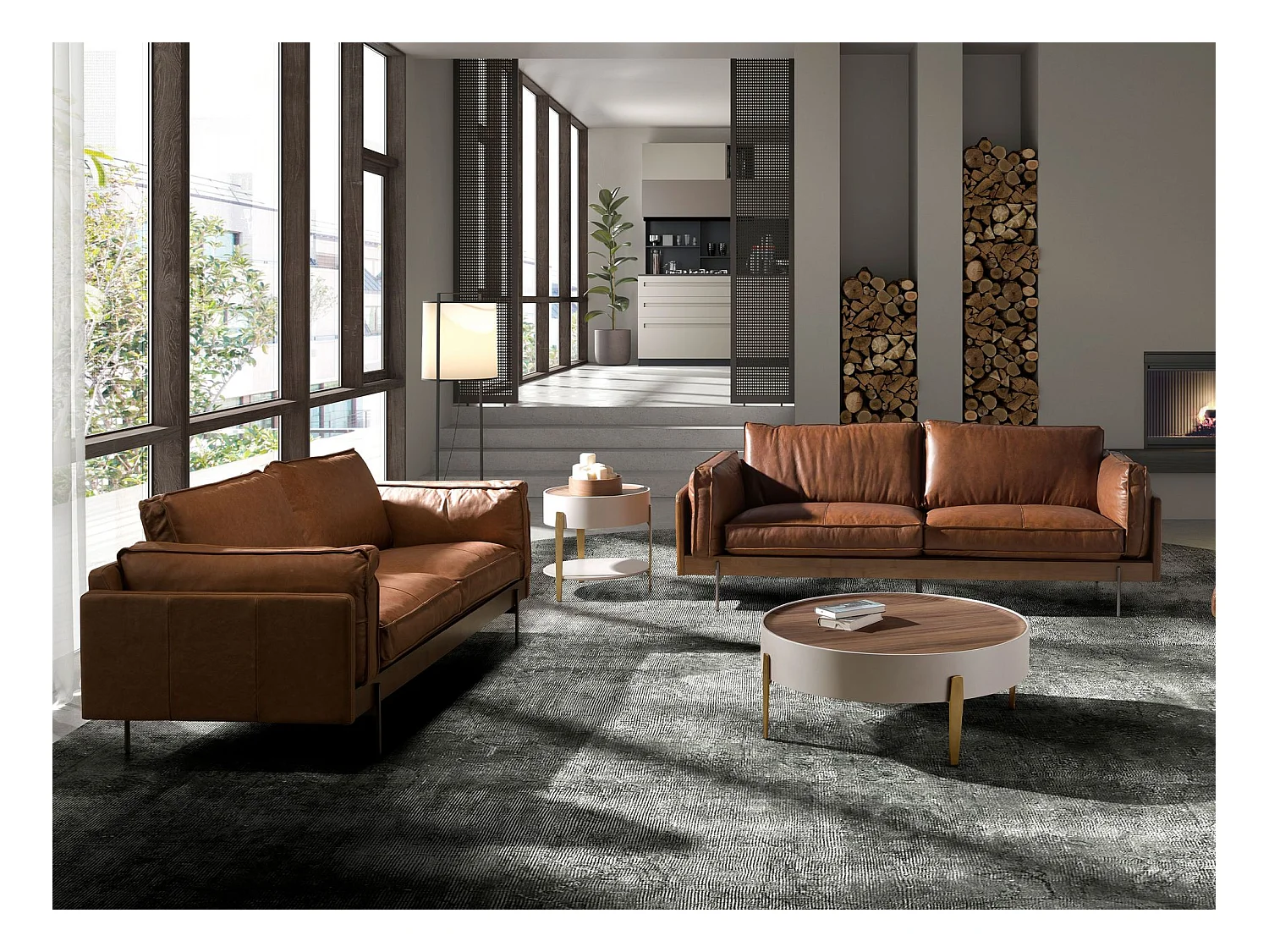 Okrągły stolik kawowy z drewna orzechowego, beżowego drewna i pozłacanej polerowanej stali 2151 ANGEL CERDA