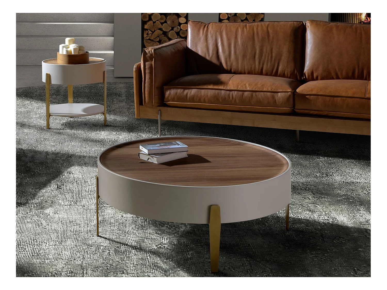 Table basse ronde en noyer, bois beige et acier poli doré 2151 ANGEL CERDA