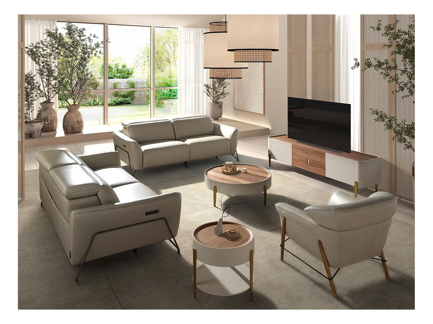 Table basse ronde en noyer, bois beige et acier poli doré 2151 ANGEL CERDA