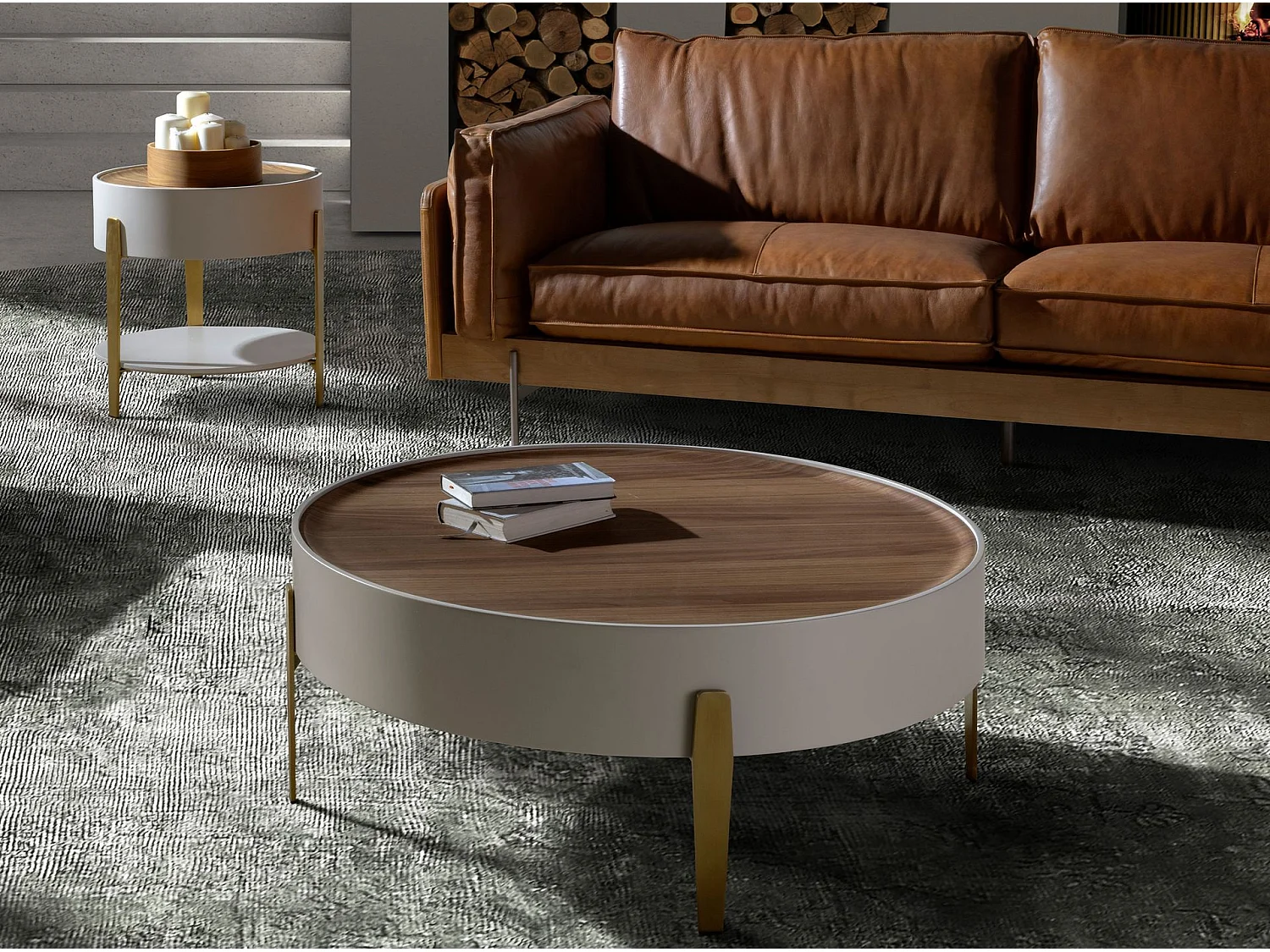 Mesa centro redonda nogal, madera beige y acero pulido dorado 2151 ANGEL CERDA