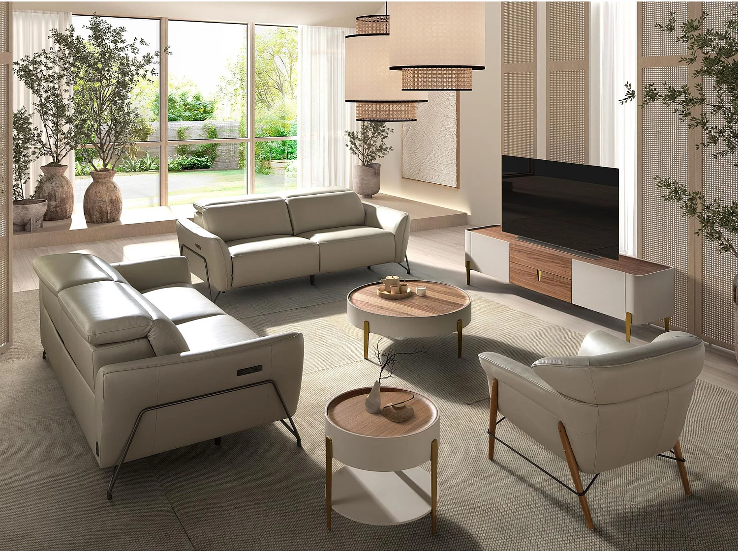 Mesa centro redonda nogal, madera beige y acero pulido dorado 2151 ANGEL CERDA