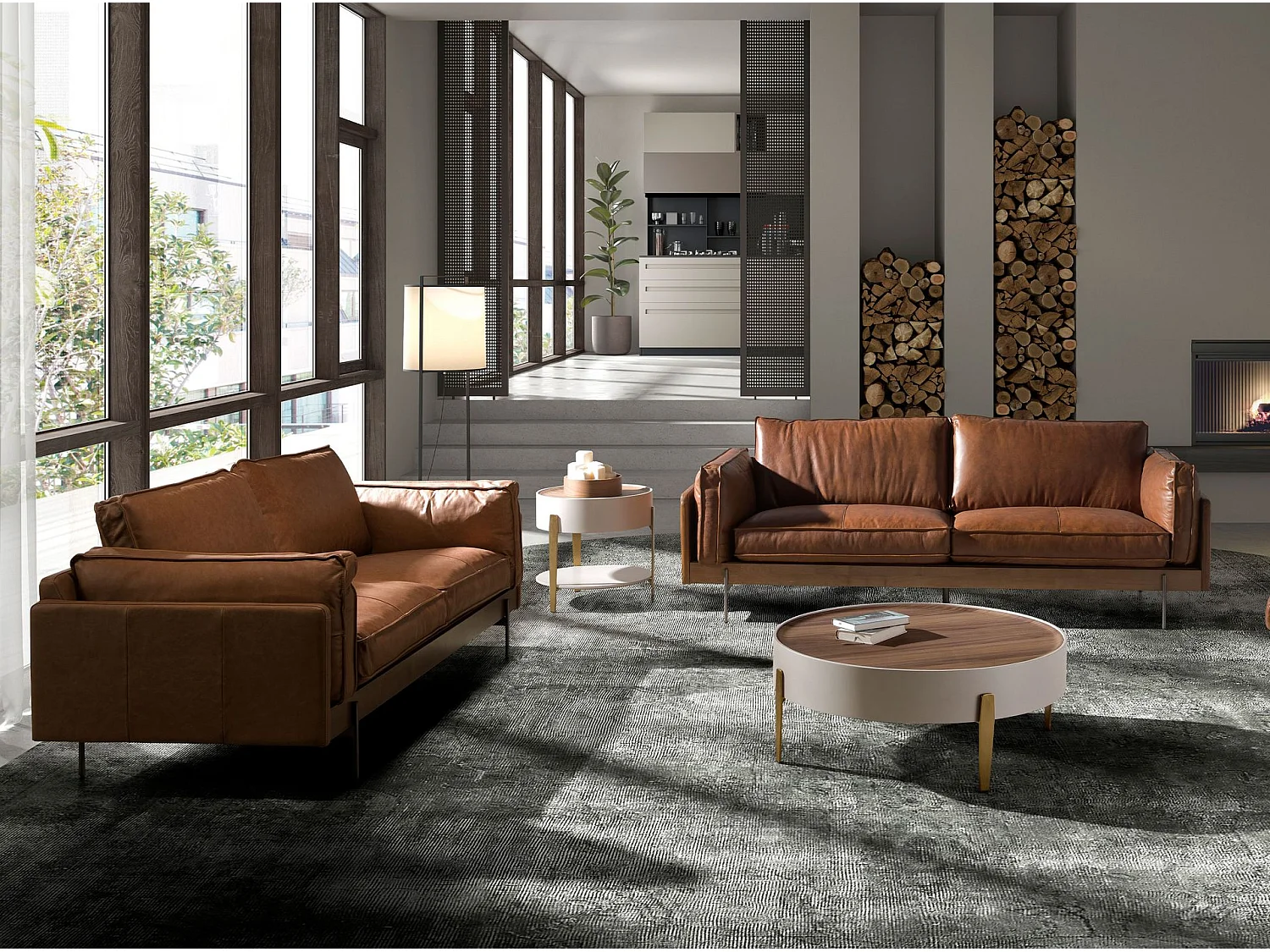 Round corner table walnut, beige wood and gold-plated polished steel 2150 ANGEL CERDA