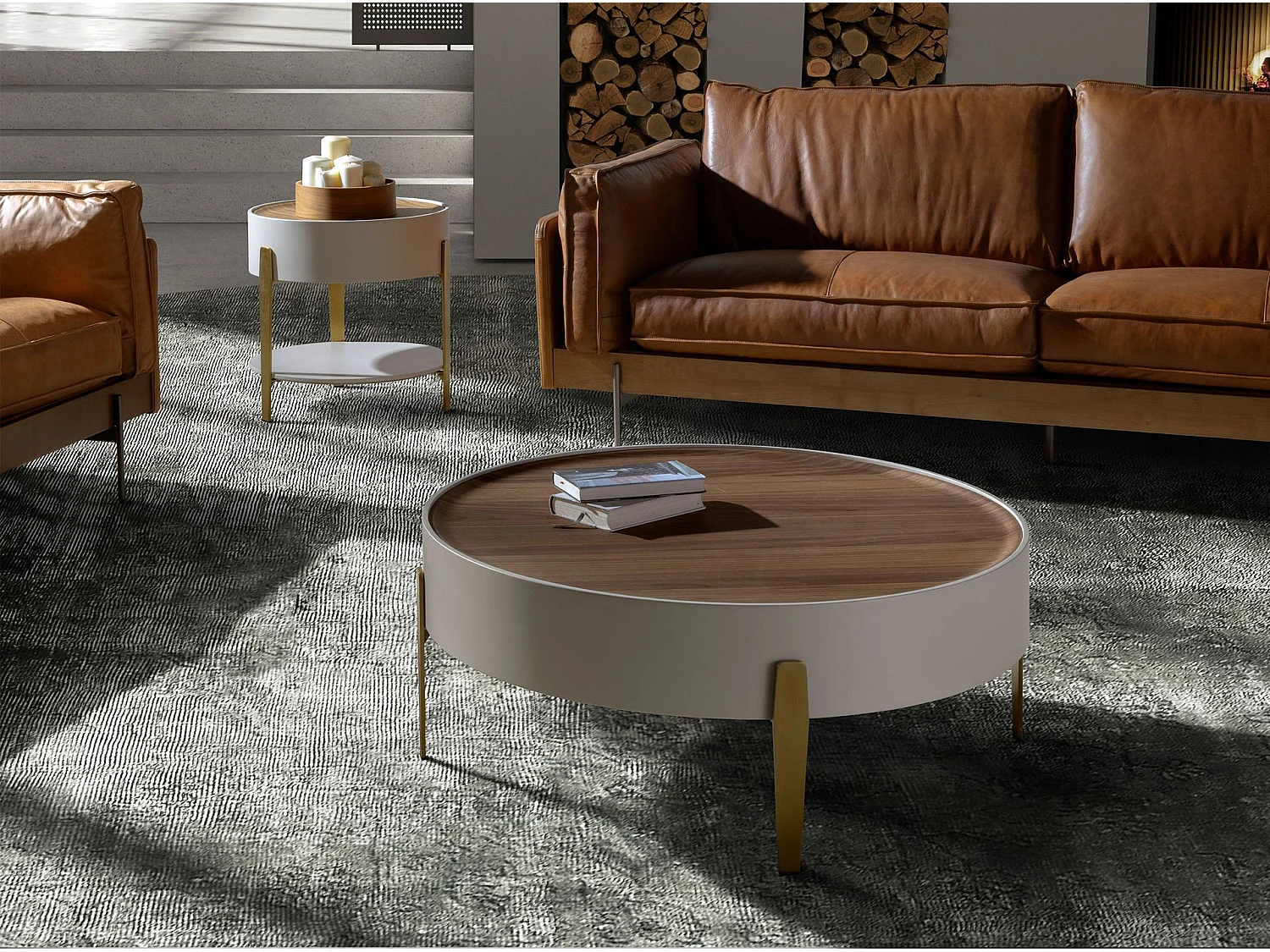 Round corner table walnut, beige wood and gold-plated polished steel 2150 ANGEL CERDA