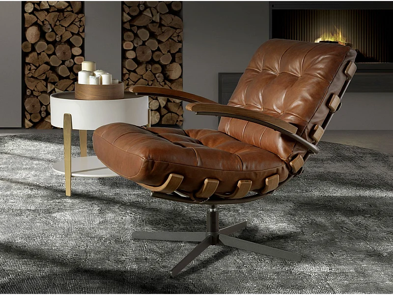 Poltrona girevole in pelle marrone scuro e noce