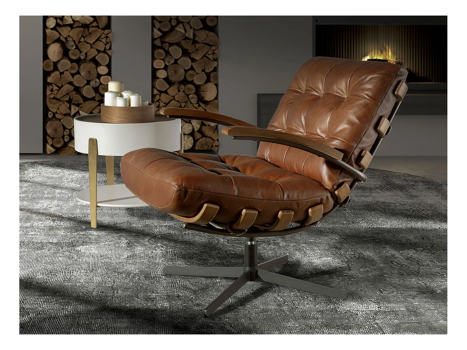 Fauteuil pivotant en cuir brun foncé et noyer 5154 ANGEL CERDA