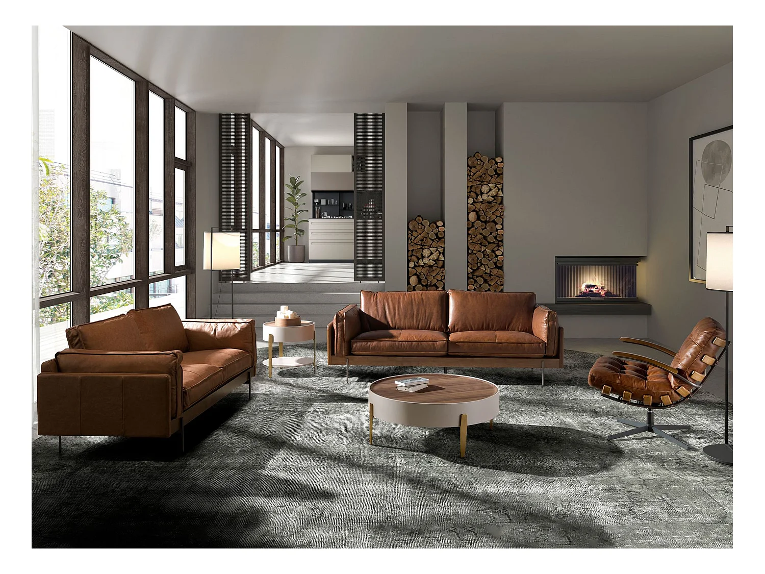 Fauteuil pivotant en cuir brun foncé et noyer 5154 ANGEL CERDA