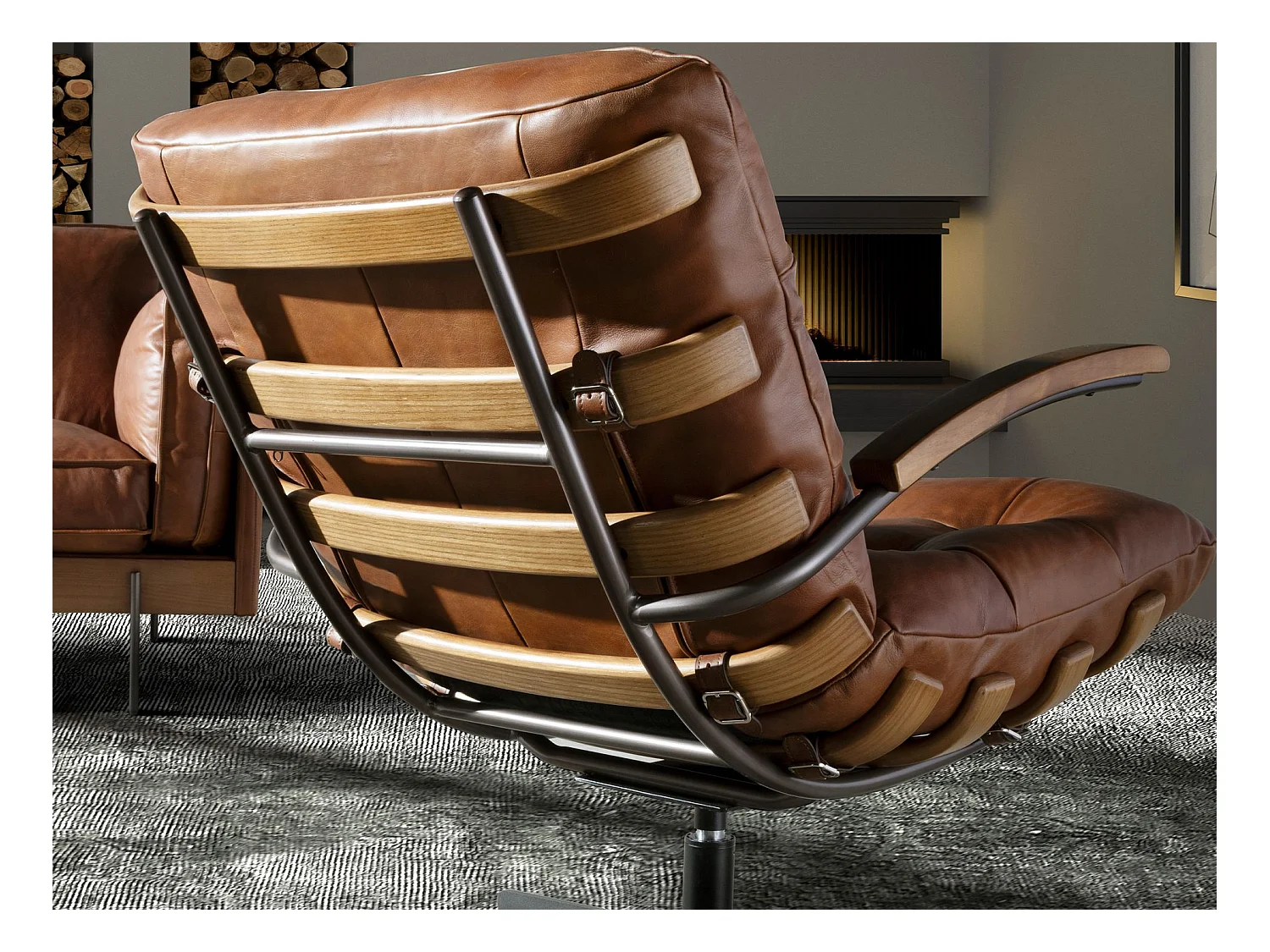 Fauteuil pivotant en cuir brun foncé et noyer 5154 ANGEL CERDA