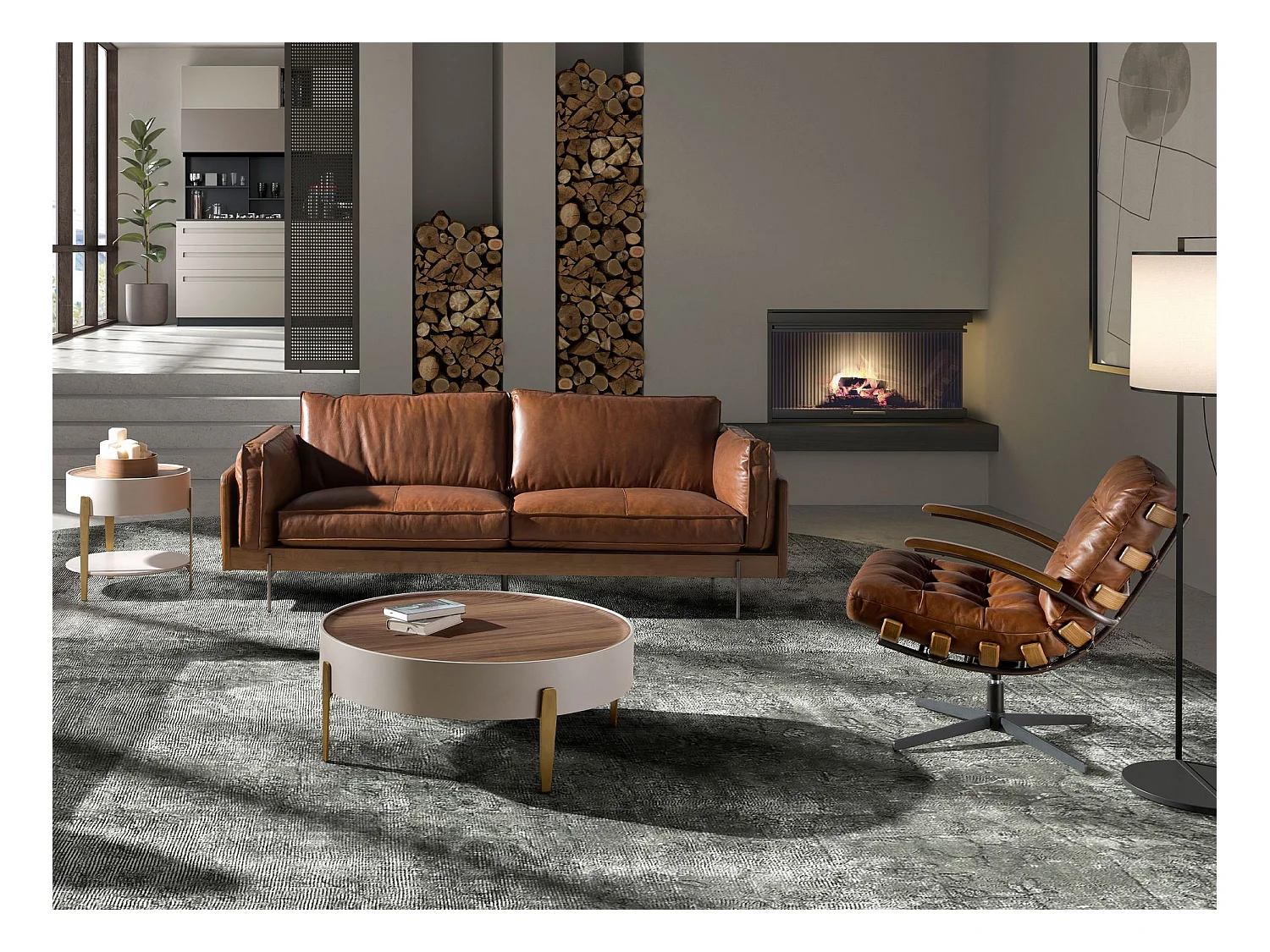 Fauteuil pivotant en cuir brun foncé et noyer 5154 ANGEL CERDA