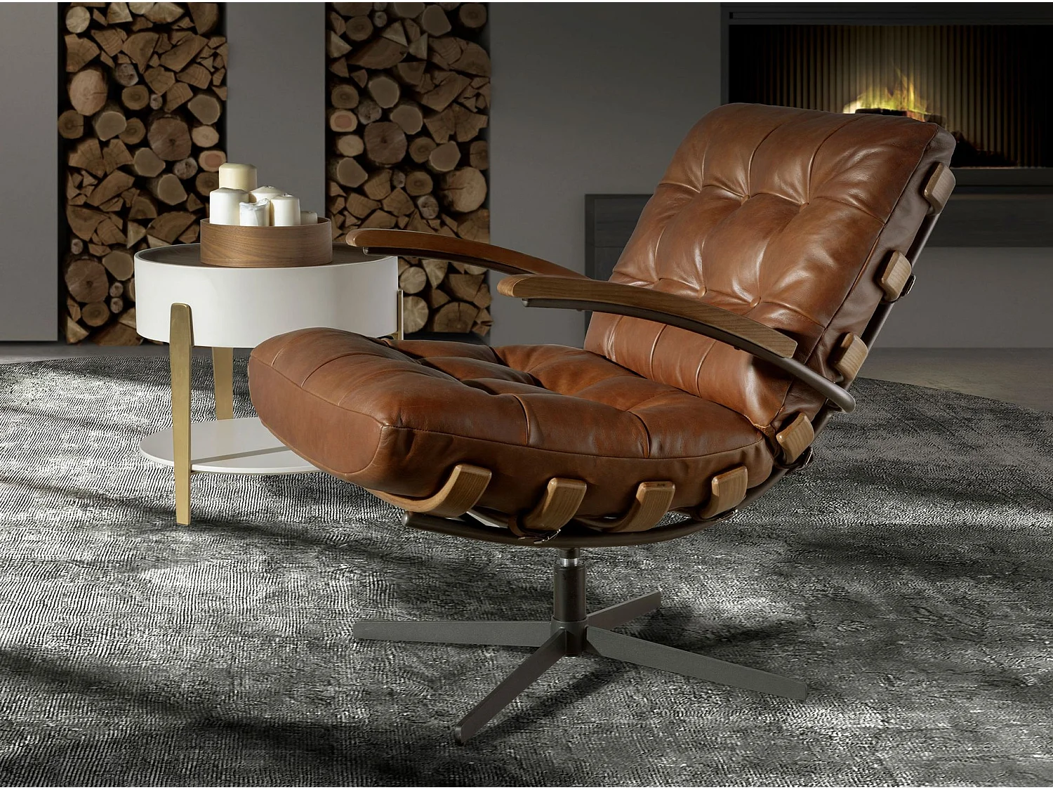 Donkerbruin leren en notenhouten draaifauteuil 5154 ANGEL CERDA