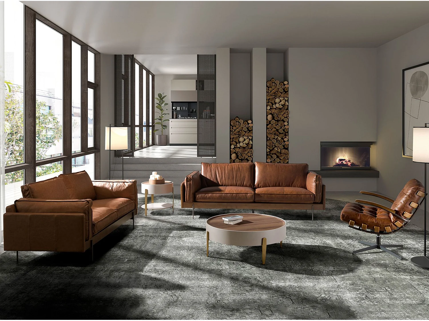 Donkerbruin leren en notenhouten draaifauteuil 5154 ANGEL CERDA