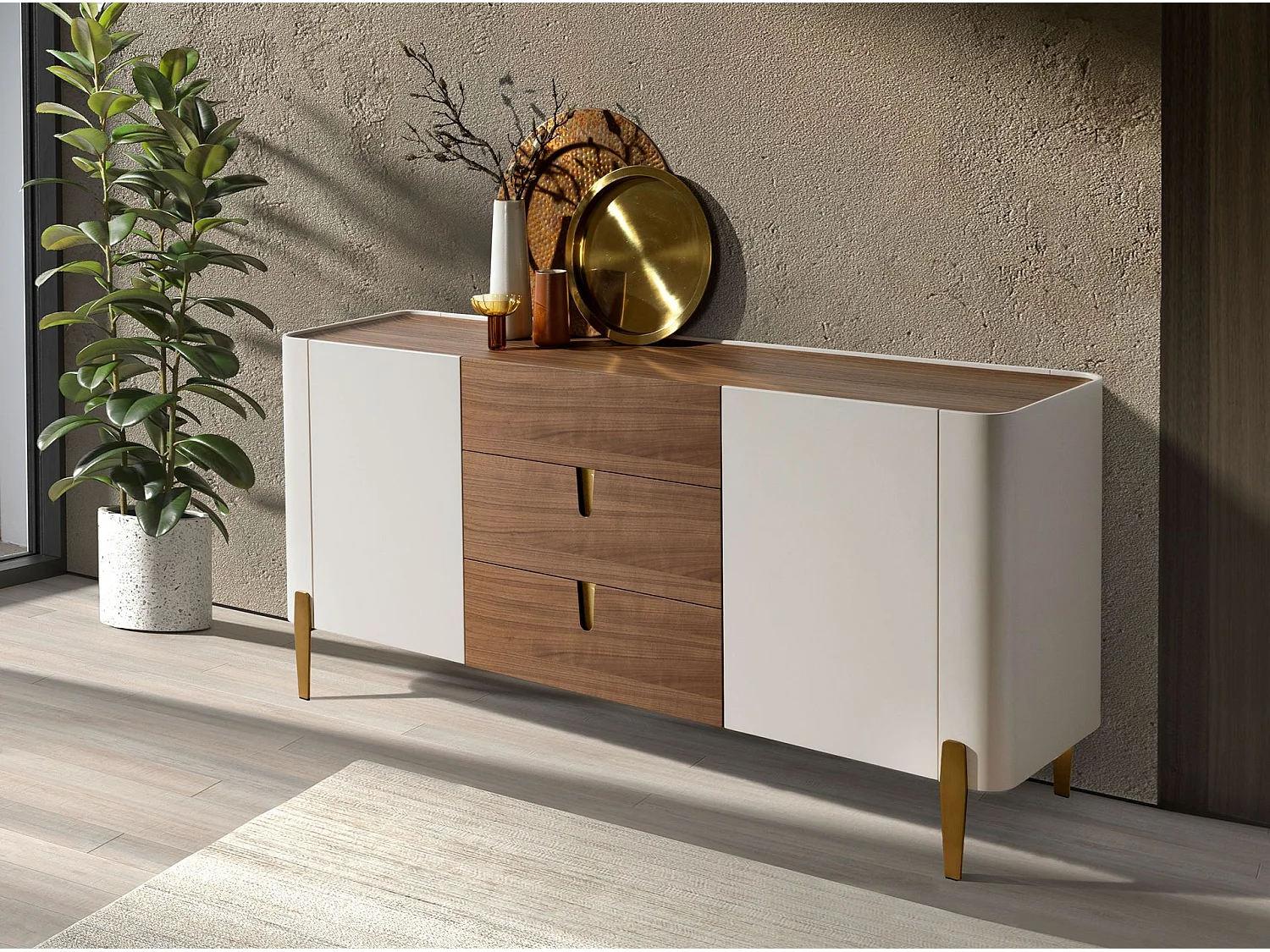 Buffet en noyer, beige, acier poli doré et plateau en noyer 3274 ANGEL CERDA