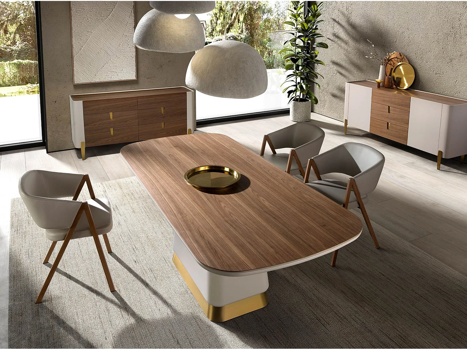 Buffet en noyer, beige, acier poli doré et plateau en noyer 3274 ANGEL CERDA