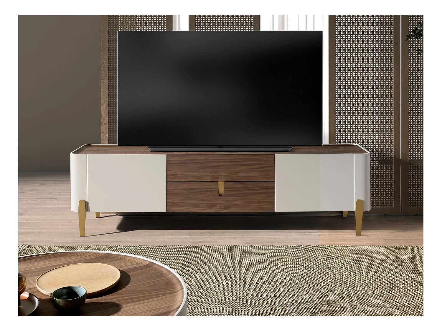 Meuble TV en bois beige, acier poli doré et plateau en noyer 3275 ANGEL CERDA