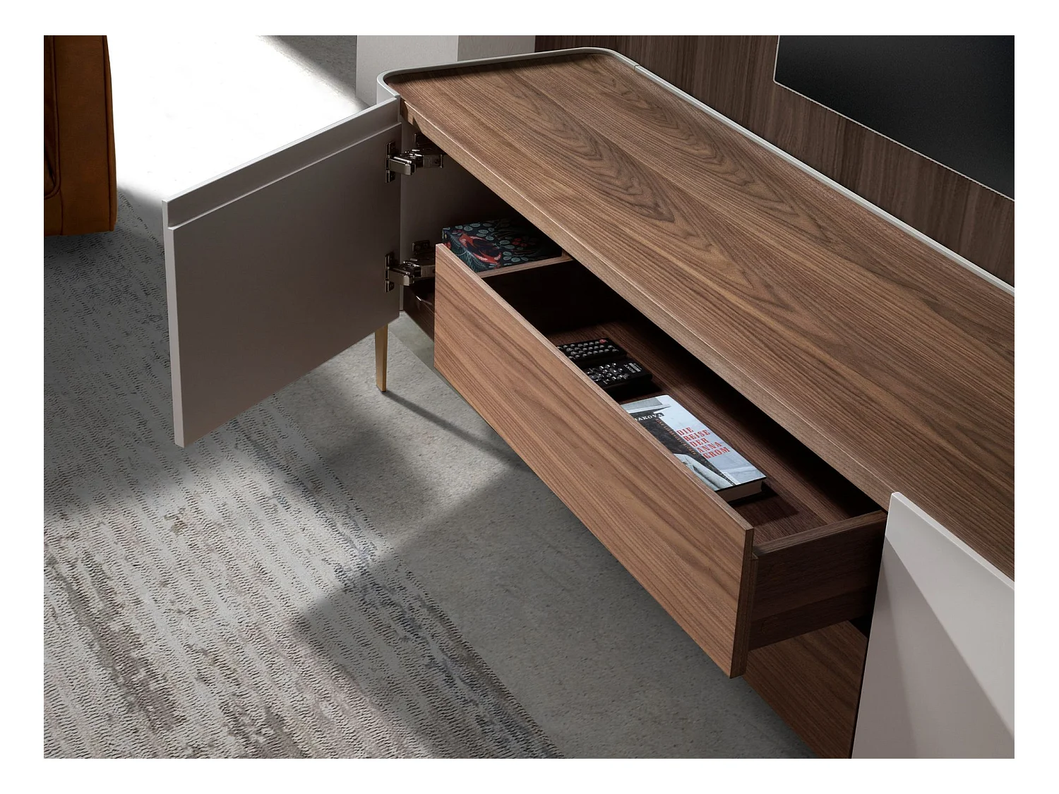 Meuble TV en bois beige, acier poli doré et plateau en noyer 3275 ANGEL CERDA