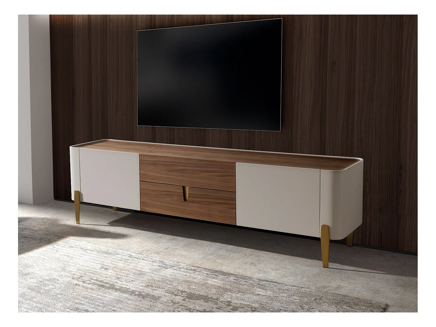 Meuble TV en bois beige, acier poli doré et plateau en noyer 3275 ANGEL CERDA
