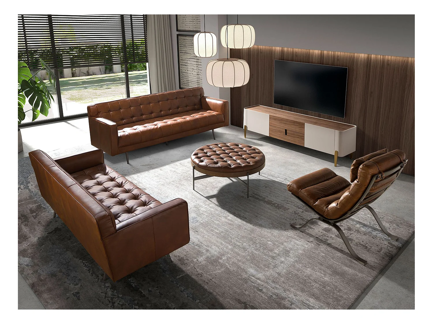 Meuble TV en bois beige, acier poli doré et plateau en noyer 3275 ANGEL CERDA