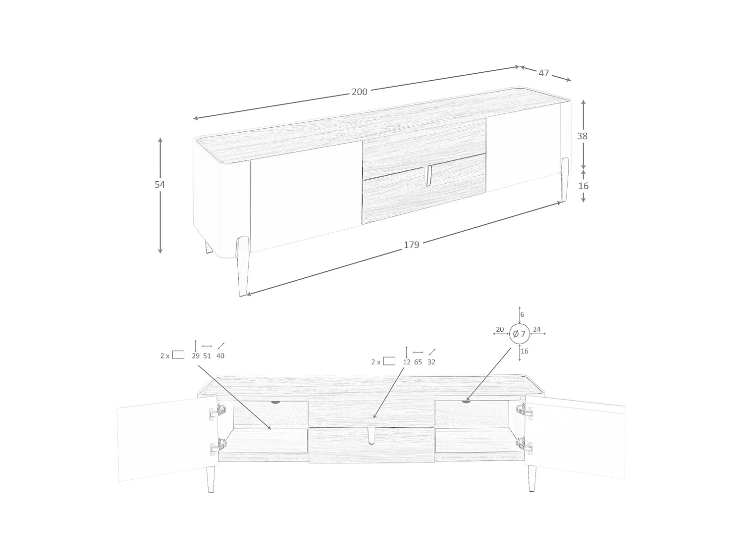 Meuble TV en bois beige, acier poli doré et plateau en noyer 3275 ANGEL CERDA