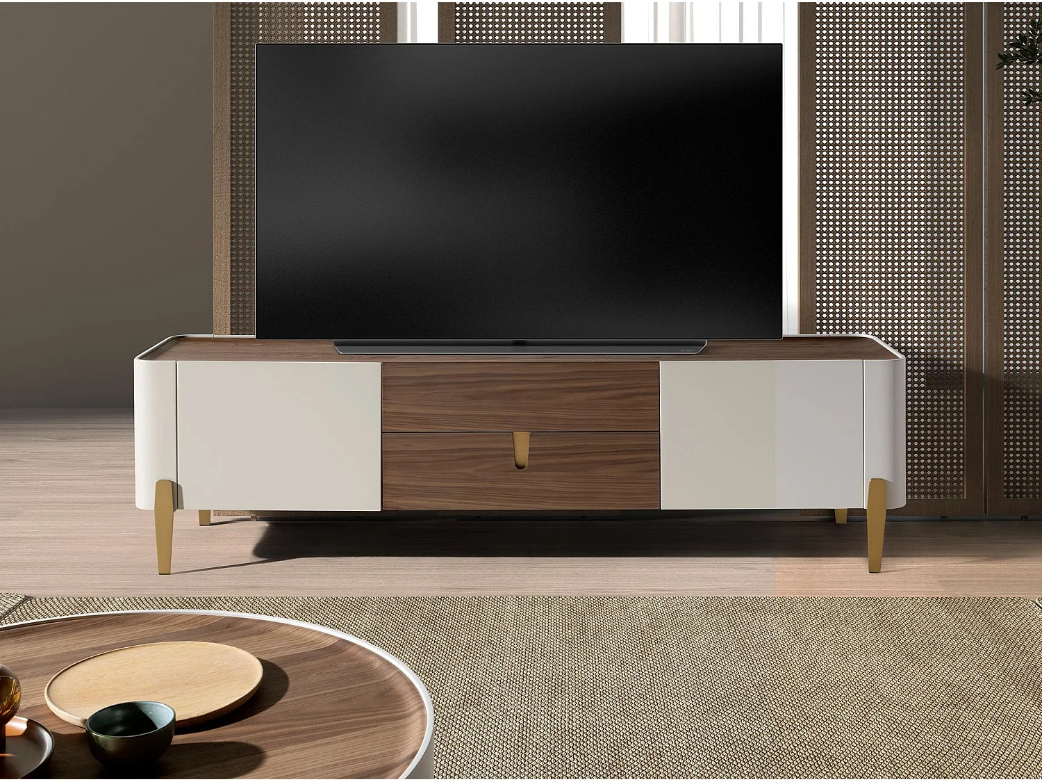 Meuble TV en bois beige, acier poli doré et plateau en noyer 3275 ANGEL CERDA