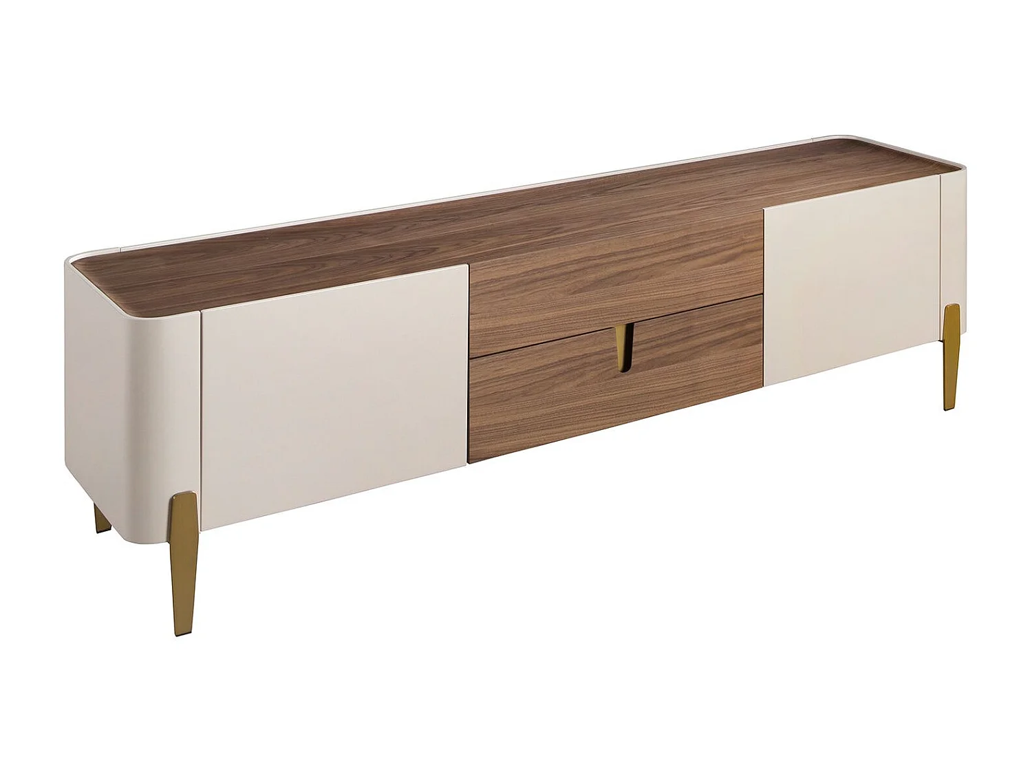 Meuble TV en bois beige, acier poli doré et plateau en noyer 3275 ANGEL CERDA