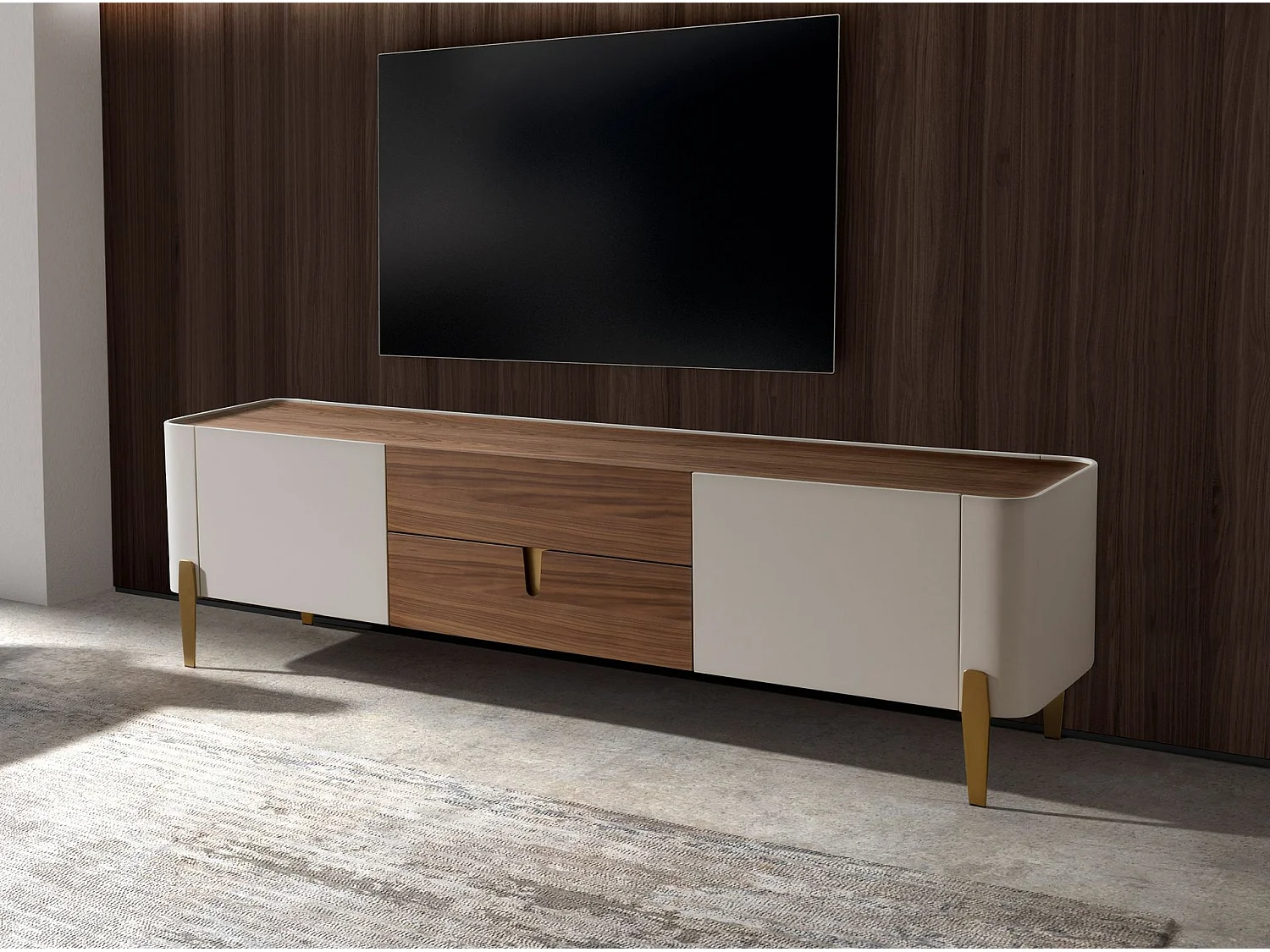 Meuble TV en bois beige, acier poli doré et plateau en noyer 3275 ANGEL CERDA