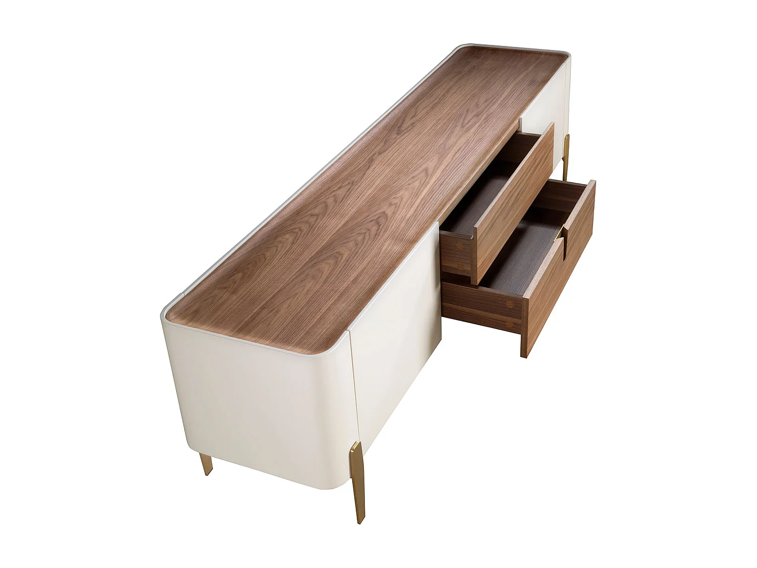 Meuble TV en bois beige, acier poli doré et plateau en noyer 3275 ANGEL CERDA