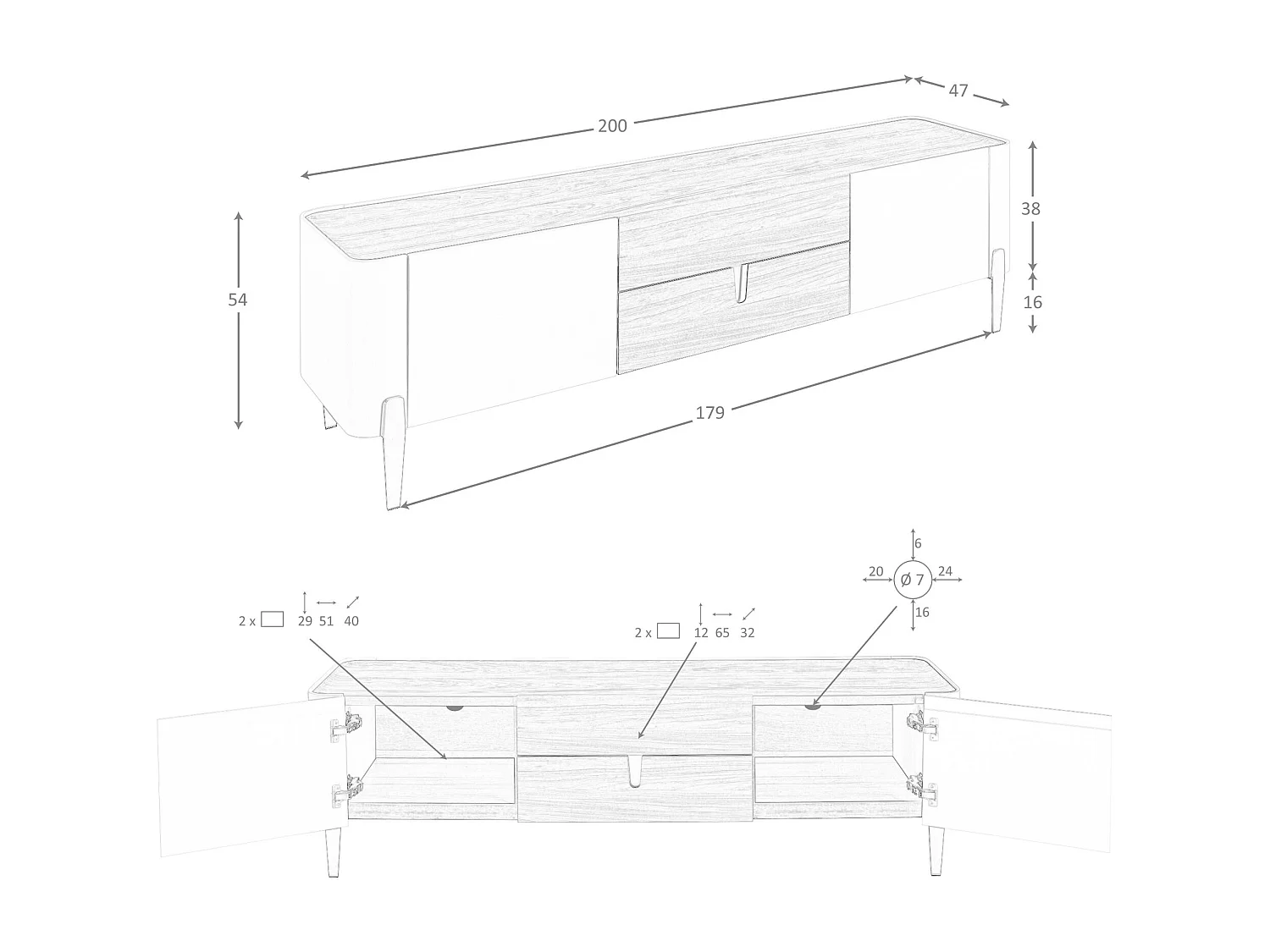 Meuble TV en bois beige, acier poli doré et plateau en noyer 3275 ANGEL CERDA