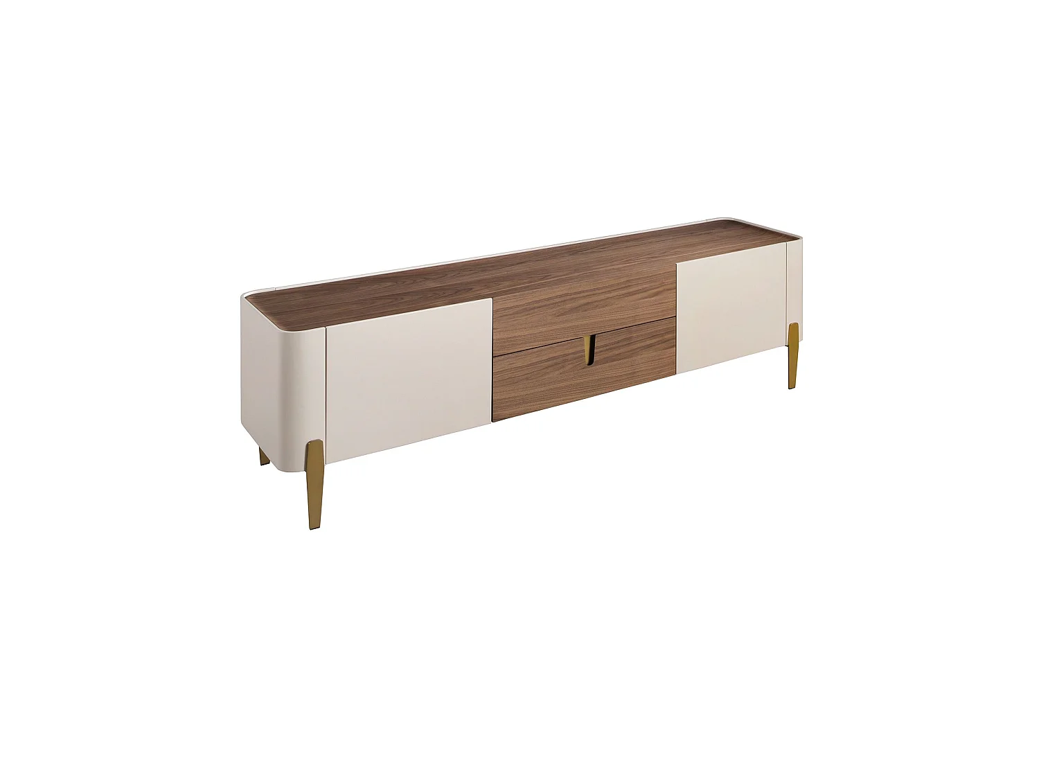 Meuble TV en bois beige, acier poli doré et plateau en noyer 3275 ANGEL CERDA