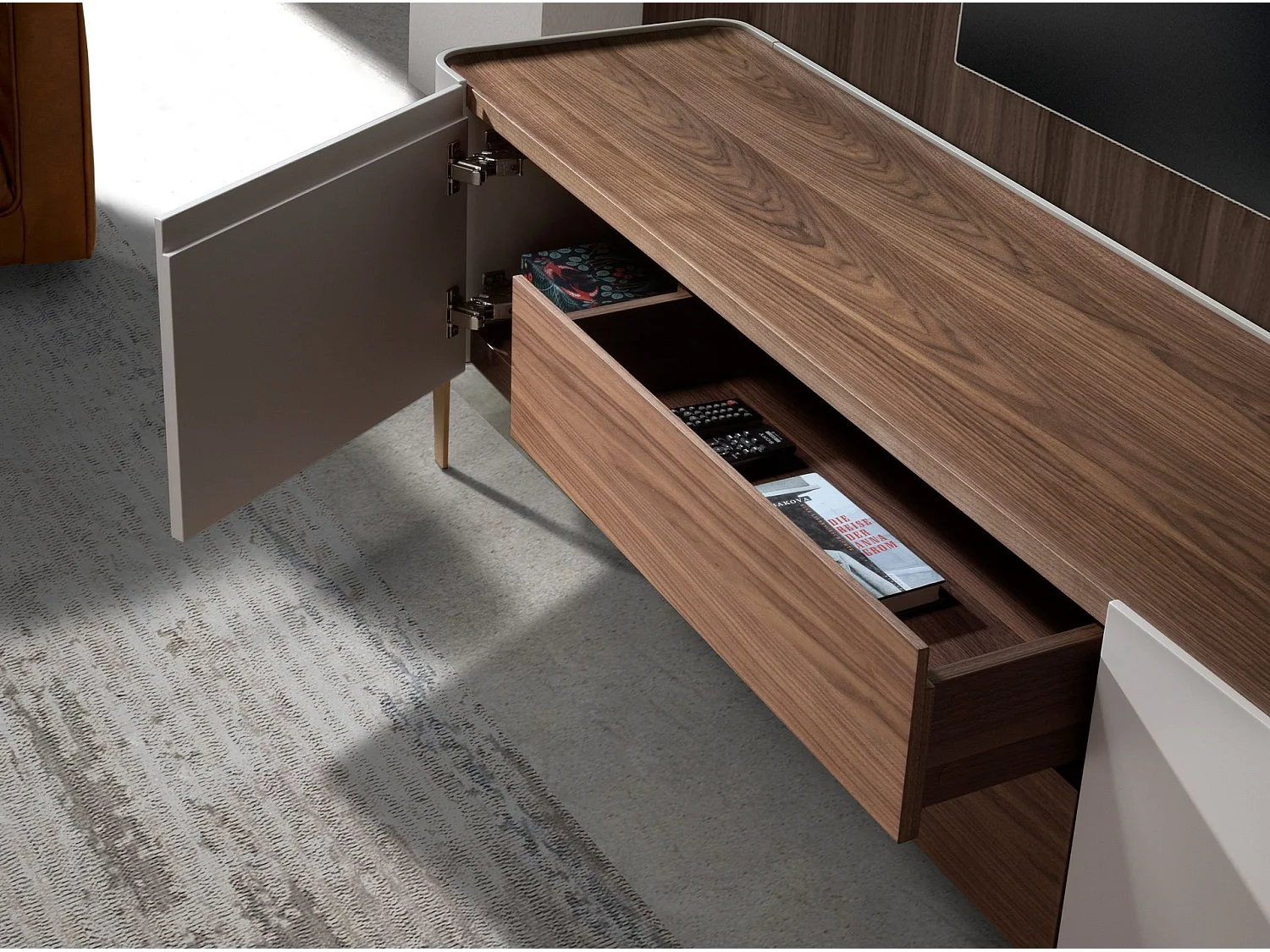 Meuble TV en bois beige, acier poli doré et plateau en noyer 3275 ANGEL CERDA