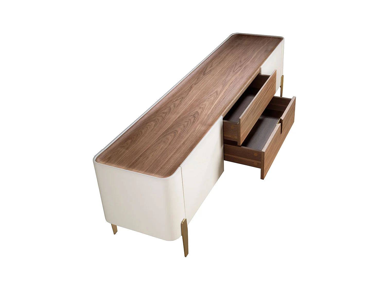 Meuble TV en bois beige, acier poli doré et plateau en noyer 3275 ANGEL CERDA