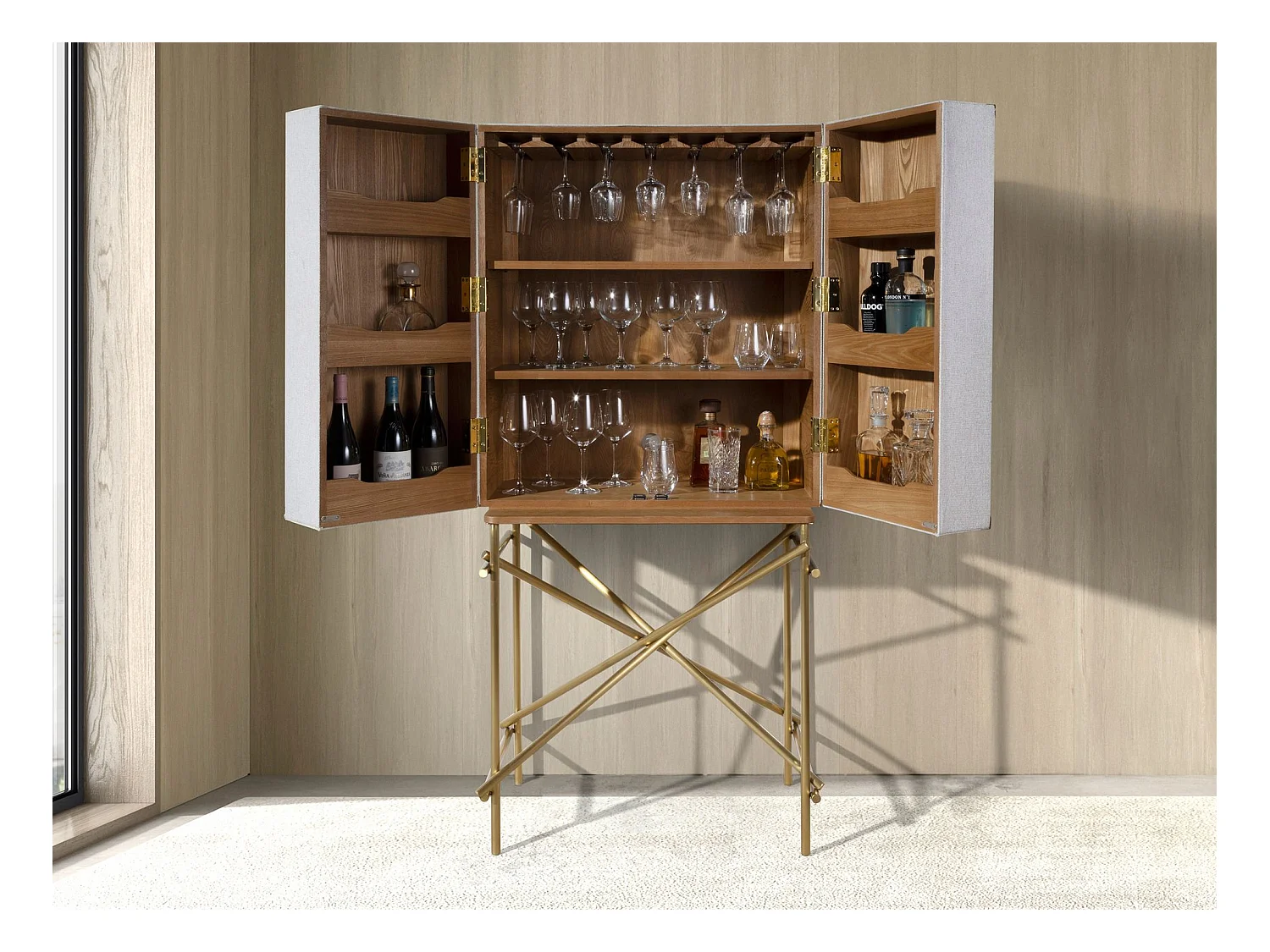 Großes Sideboard, Stoff, Nussbaum und goldfarbener polierter Stahl 3272 ANGEL CERDA