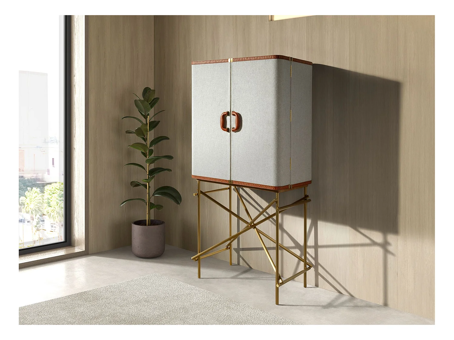 Großes Sideboard, Stoff, Nussbaum und goldfarbener polierter Stahl 3272 ANGEL CERDA