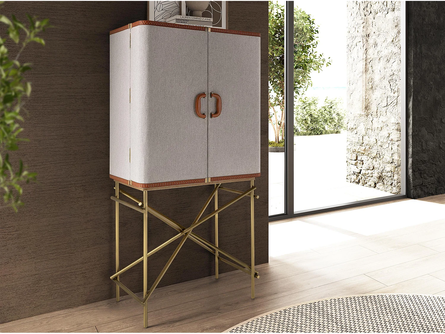 Großes Sideboard, Stoff, Nussbaum und goldfarbener polierter Stahl 3272 ANGEL CERDA