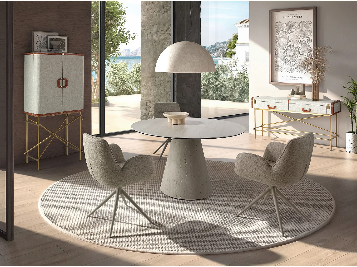 Großes Sideboard, Stoff, Nussbaum und goldfarbener polierter Stahl 3272 ANGEL CERDA